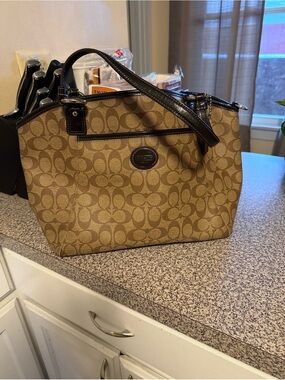 Coach Brown Signature Canvas Tote with Dark Brown Trim